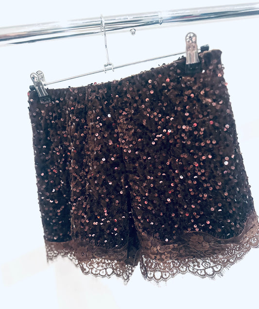 SYDNEY Brown Sequin Shorts with Lace Trim