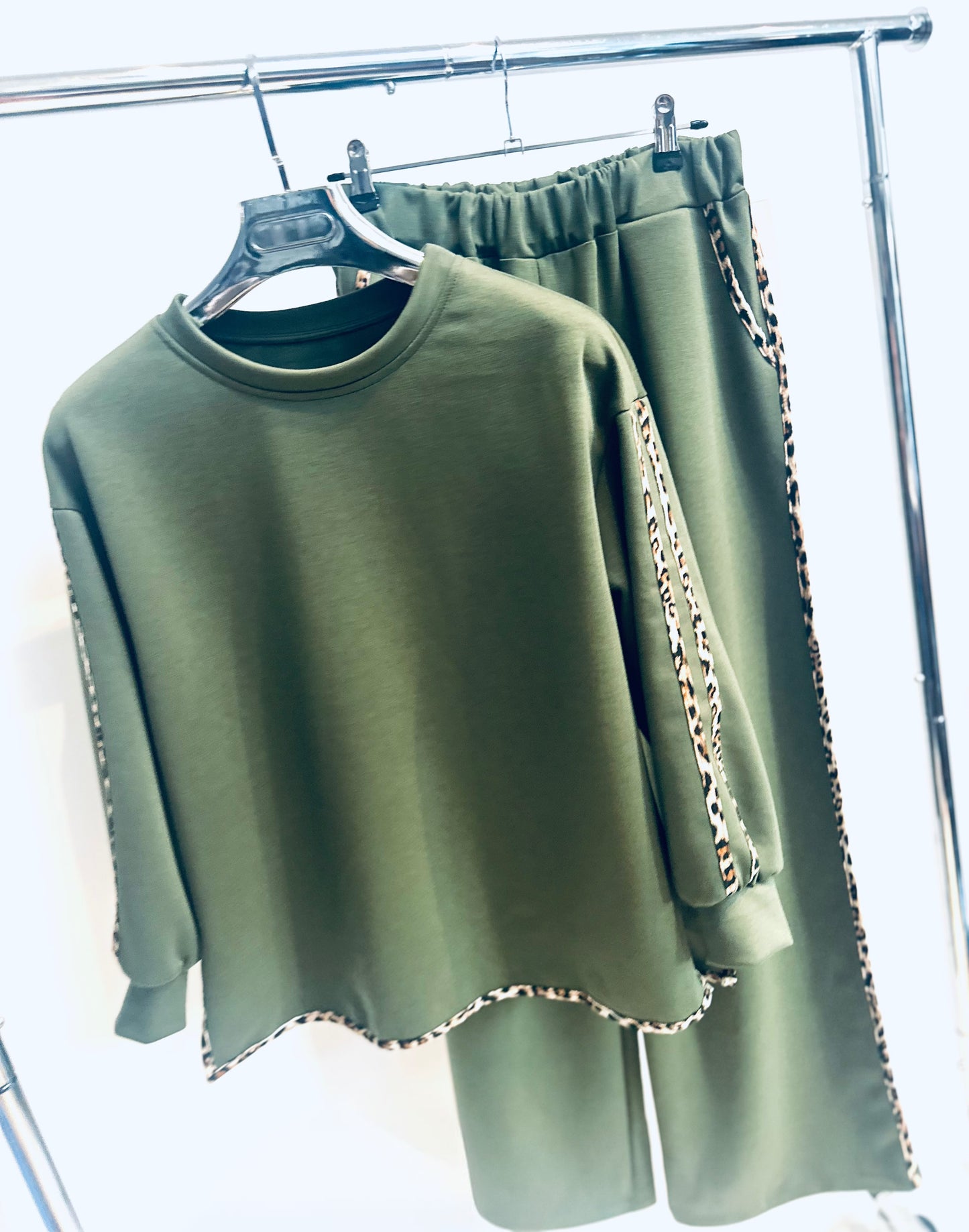 NOLANA Khaki Lounge Set with Animal Print Stripe