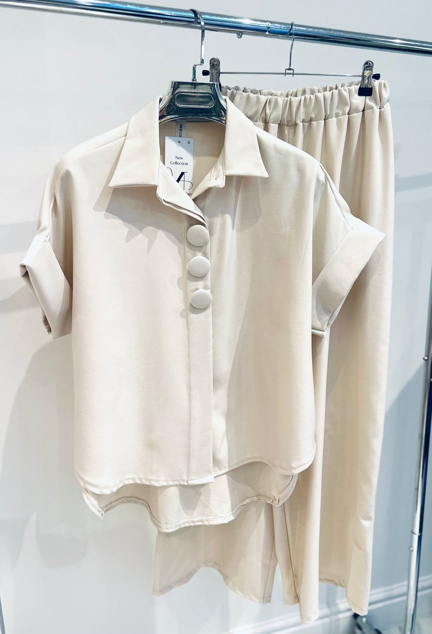 JANELLE Beige Big Button Detailed Blouse & Trousers Co-Ord