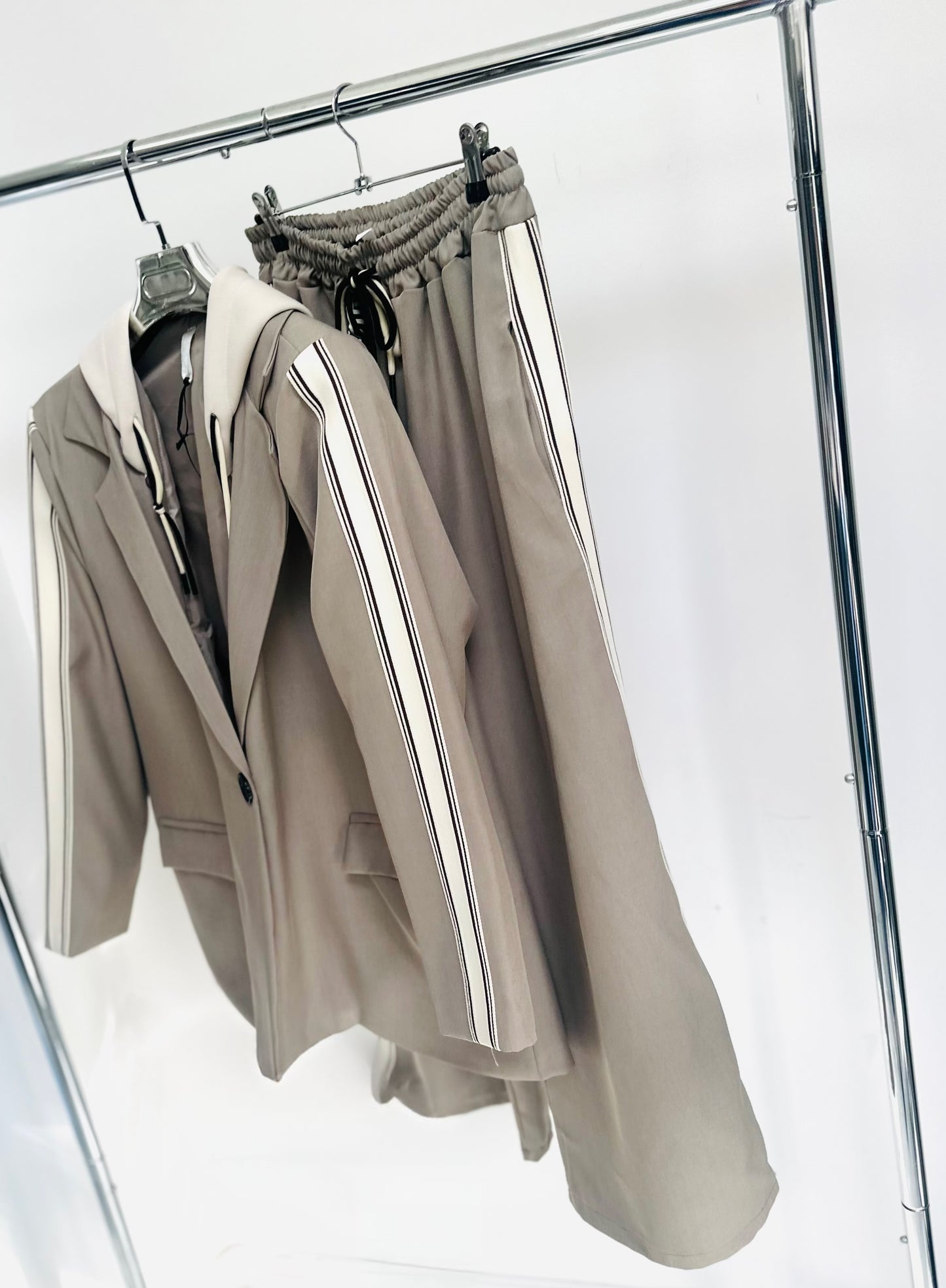 ZETTA Beige Side Stripe Hooded Blazer & Trousers Set