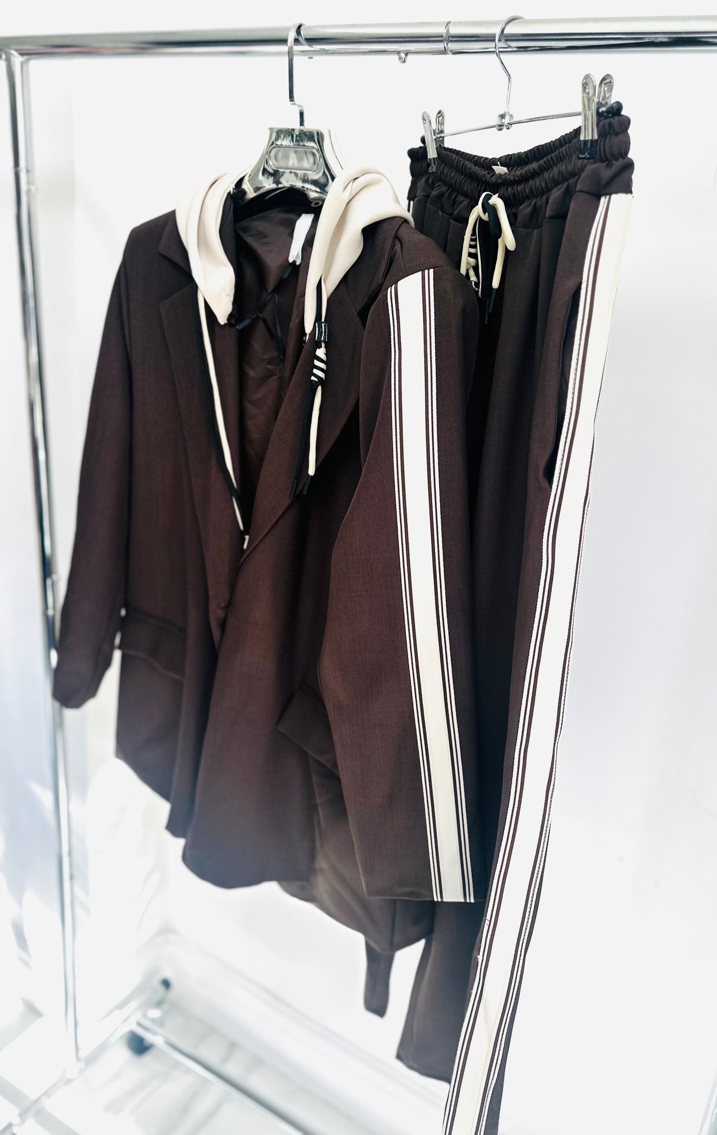 ZETTA Brown Side Stripe Hooded Blazer & Trousers Set