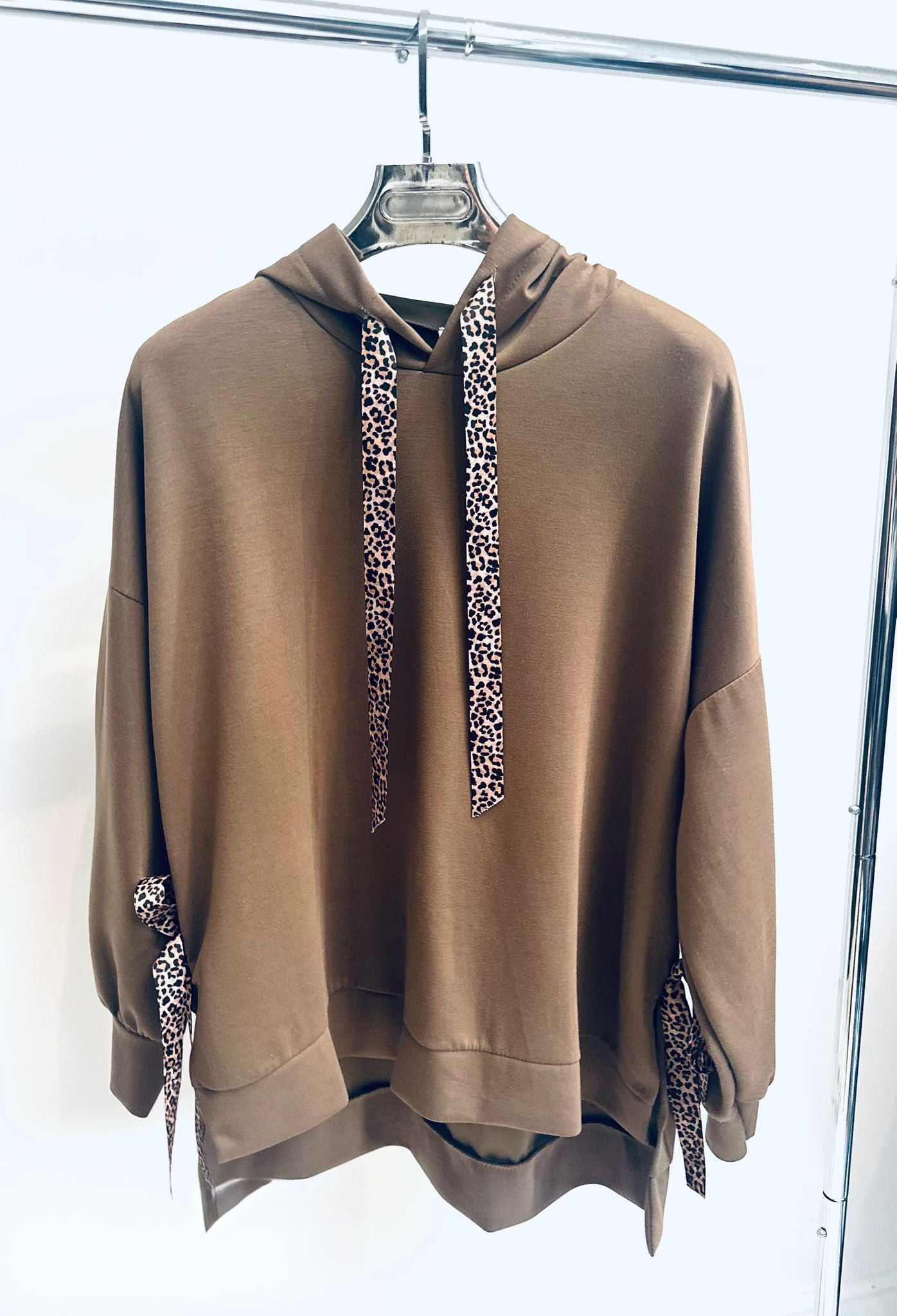 THEDA Camel Hoodie with Leopard Ribbon Detail