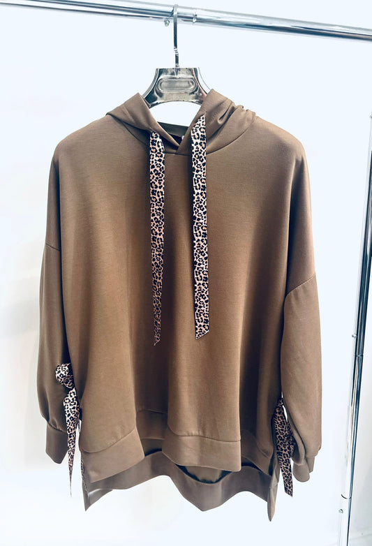 THEDA Camel Hoodie with Leopard Ribbon Detail