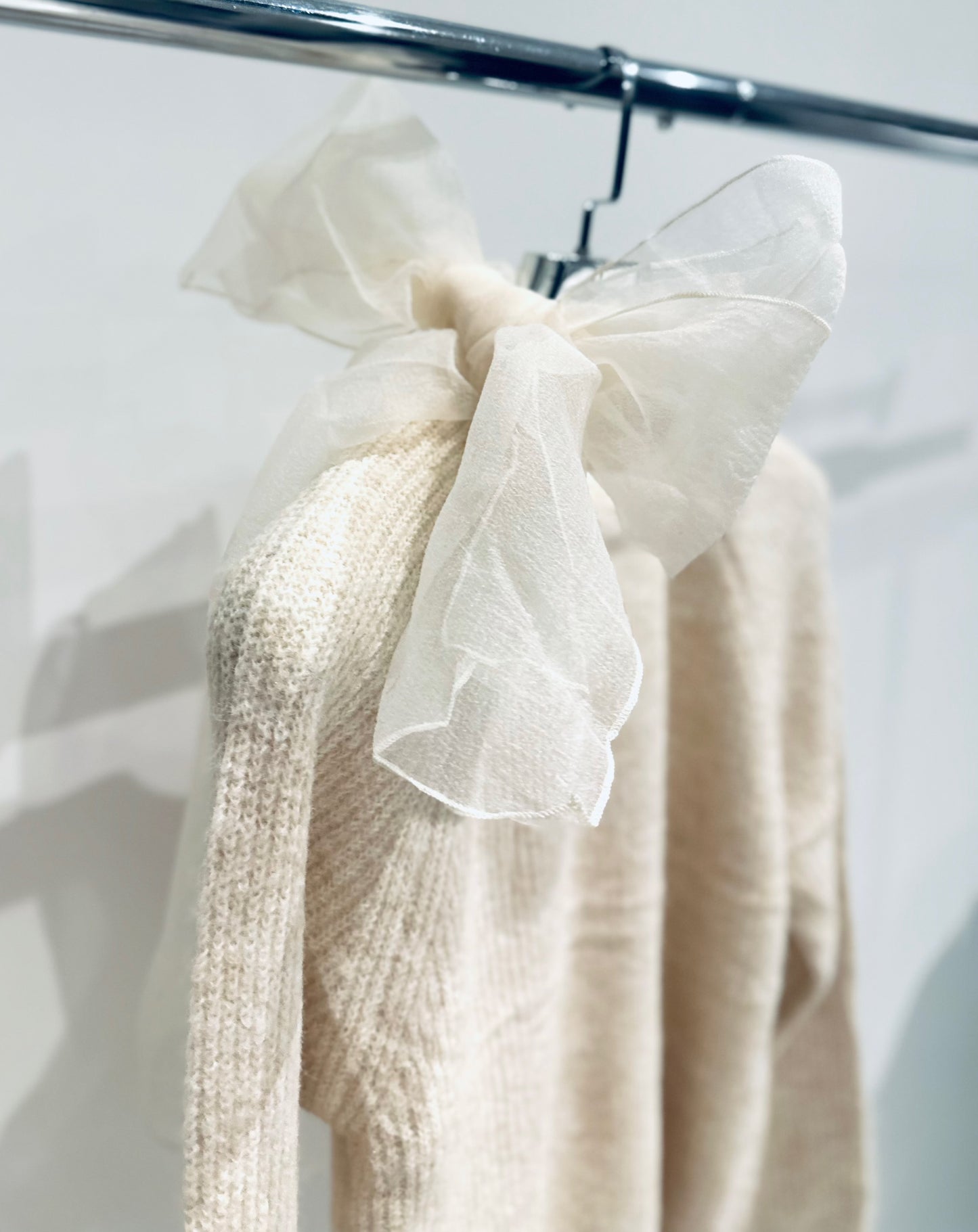 MARISE Cream Knitted Jumper with Chiffon Bow Neck Detail
