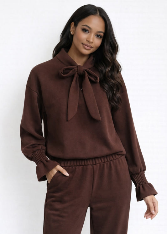FRANCISCA Brown Tie Neck Detail Top & Pants Co-Ord