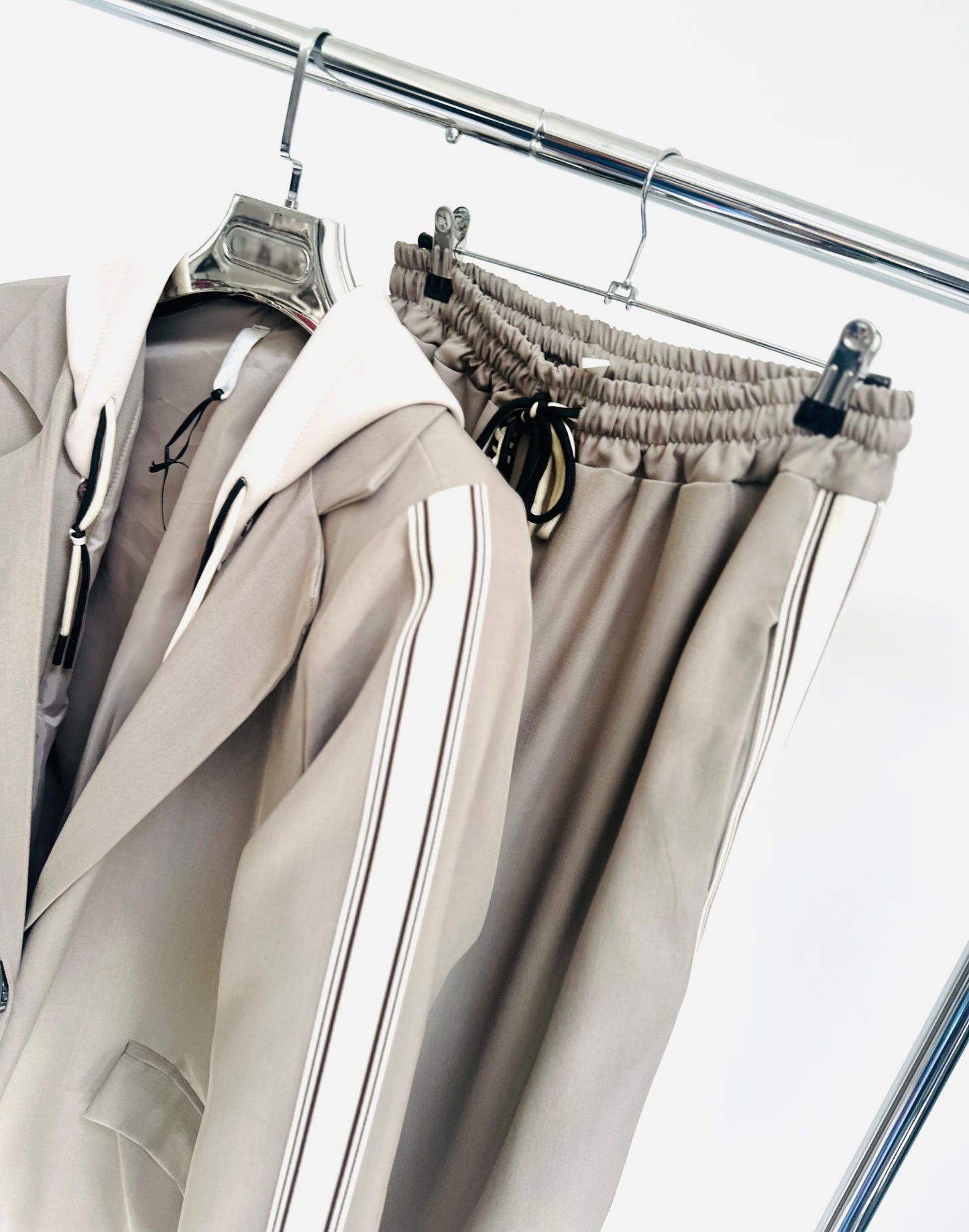 ZETTA Beige Side Stripe Hooded Blazer & Trousers Set