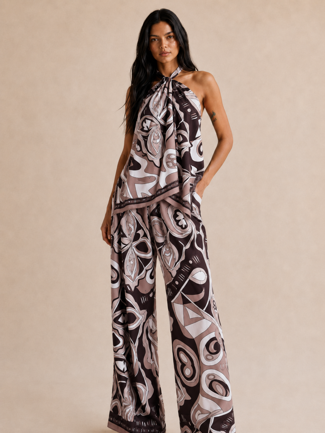ISMERAI Brown Halterneck Top & Trousers Co-Ord
