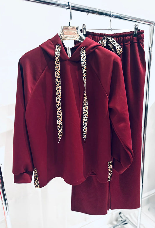 DAHNA Burgundy Top & Trousers Co Ord with Leopard Print Ribbon Trim