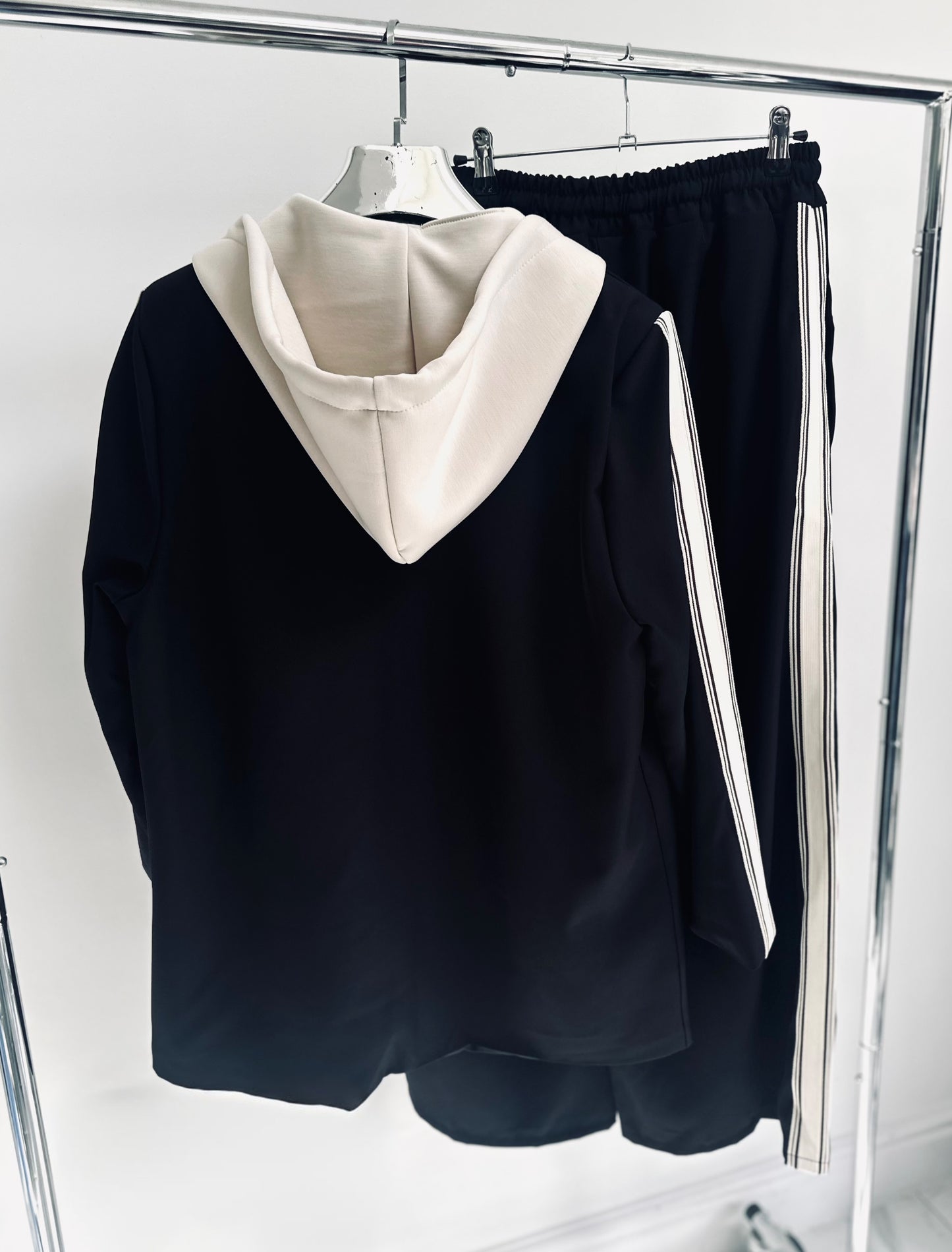 ZETTA Black Side Stripe Hooded Blazer & Trousers Set