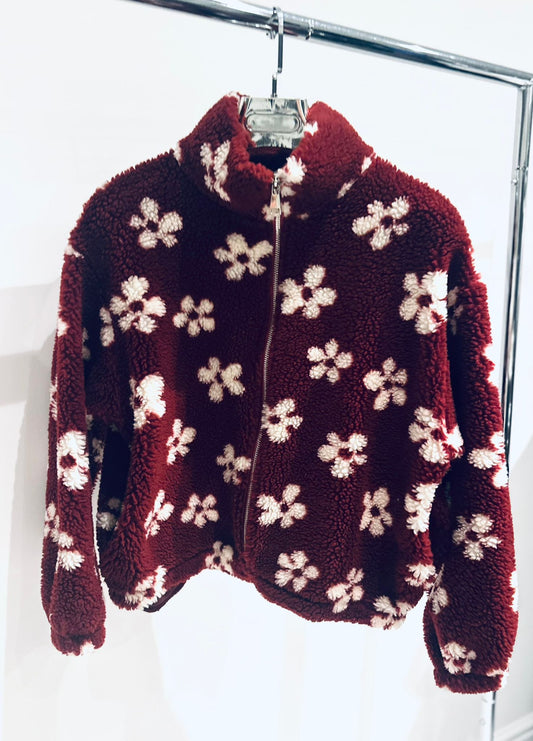 ZALIKA Burgundy Flower Printed Zip Fleece