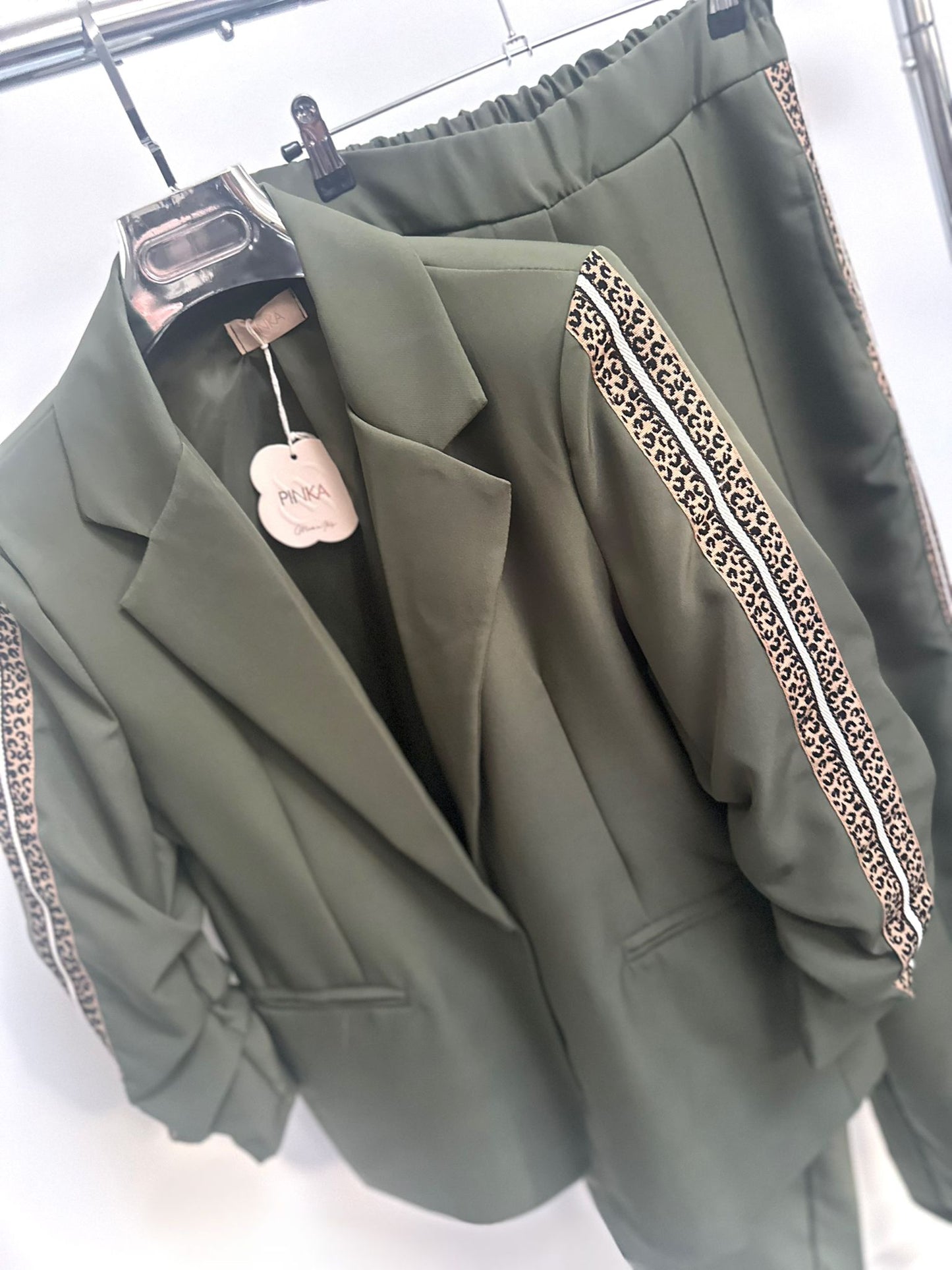 XENA Khaki Blazer & Trousers with Leopard Print Detail