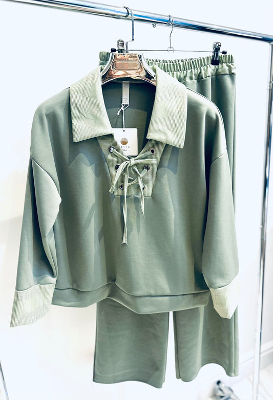 JOLENTA Green Lace Up Sweater & Trousers Co-Ord