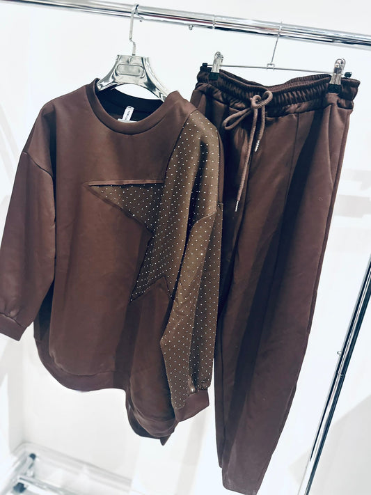 LUCINE Brown Studded Star Detailed Oversized Top with Pants Lounge Set