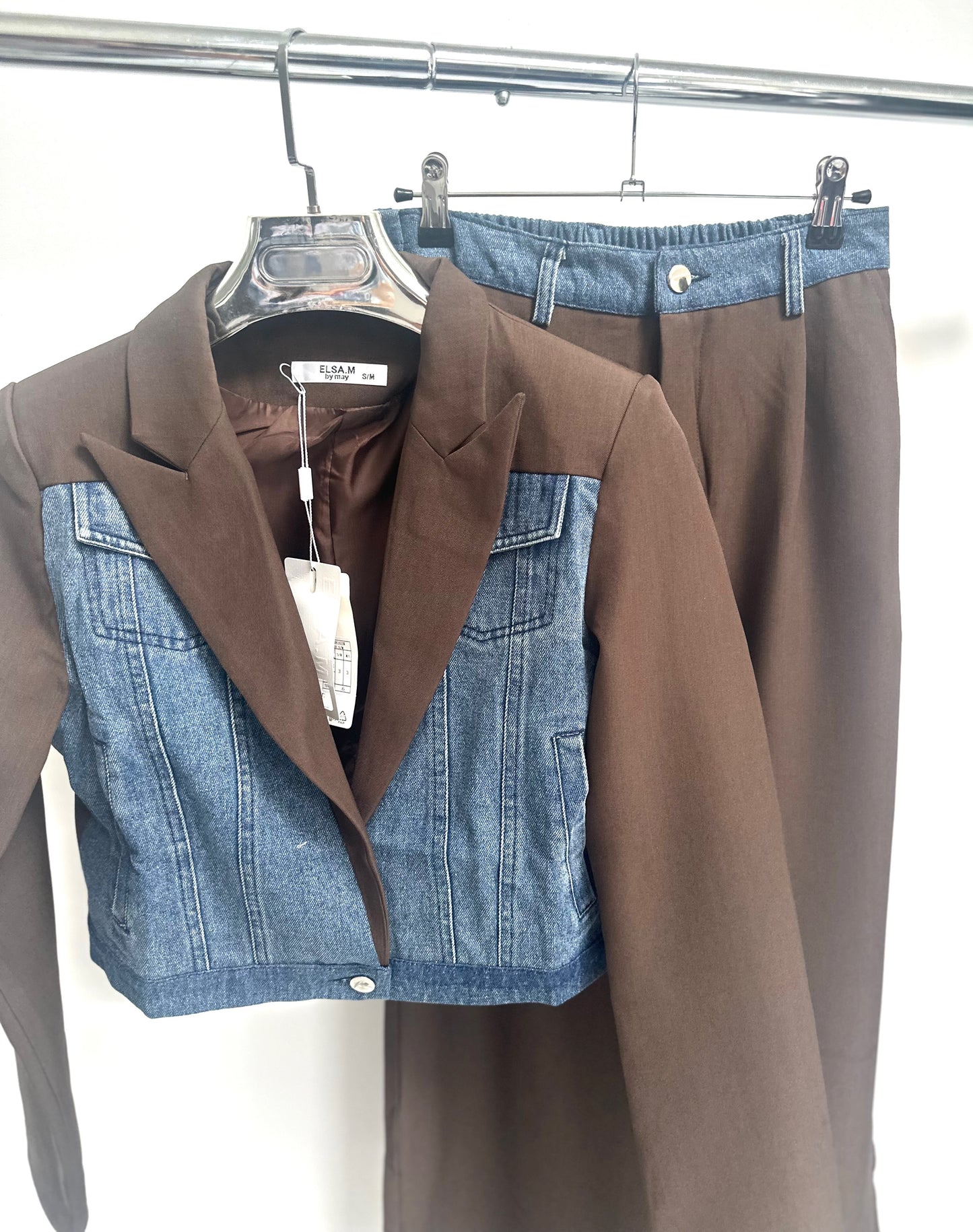 GIADA Brown Denim Contrast Cropped Blazer & Trousers Co-Ord