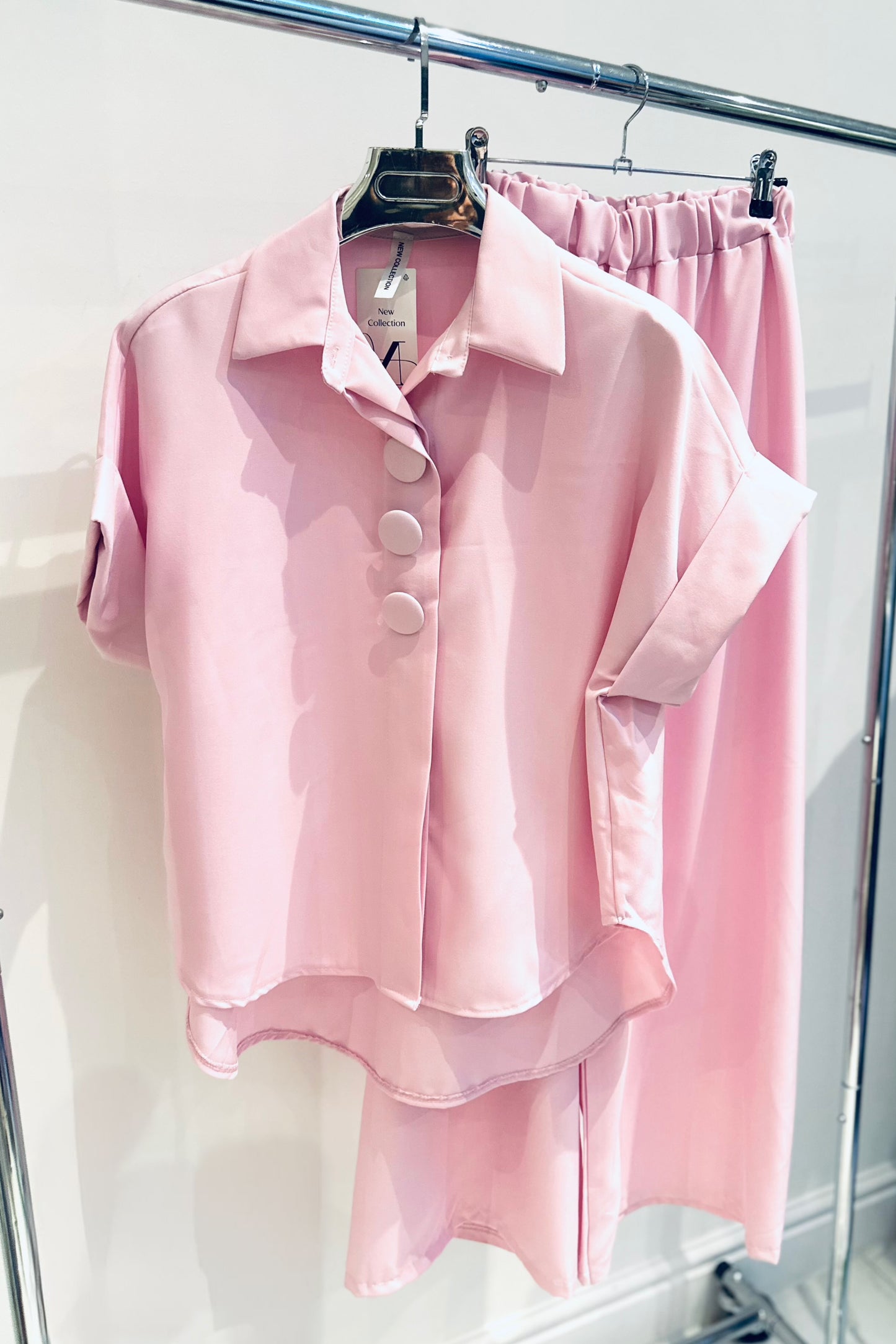 JANELLE Pink Big Button Detailed Blouse & Trousers Co-Ord