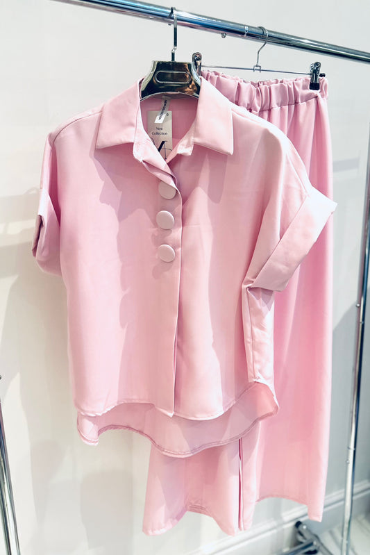 JANELLE Pink Big Button Detailed Blouse & Trousers Co-Ord