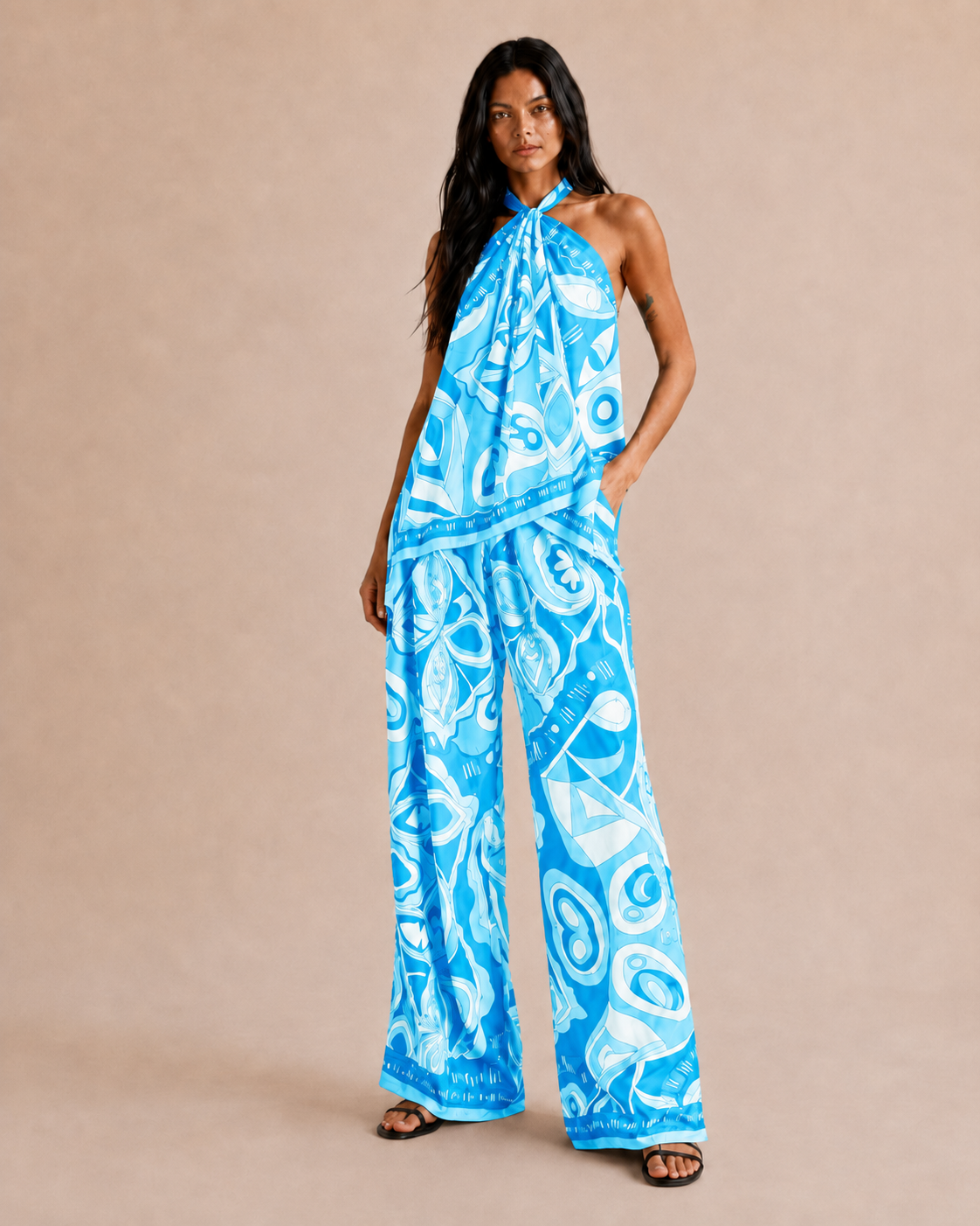 ISMERAI Blue Halterneck Top & Trousers Co-Ord