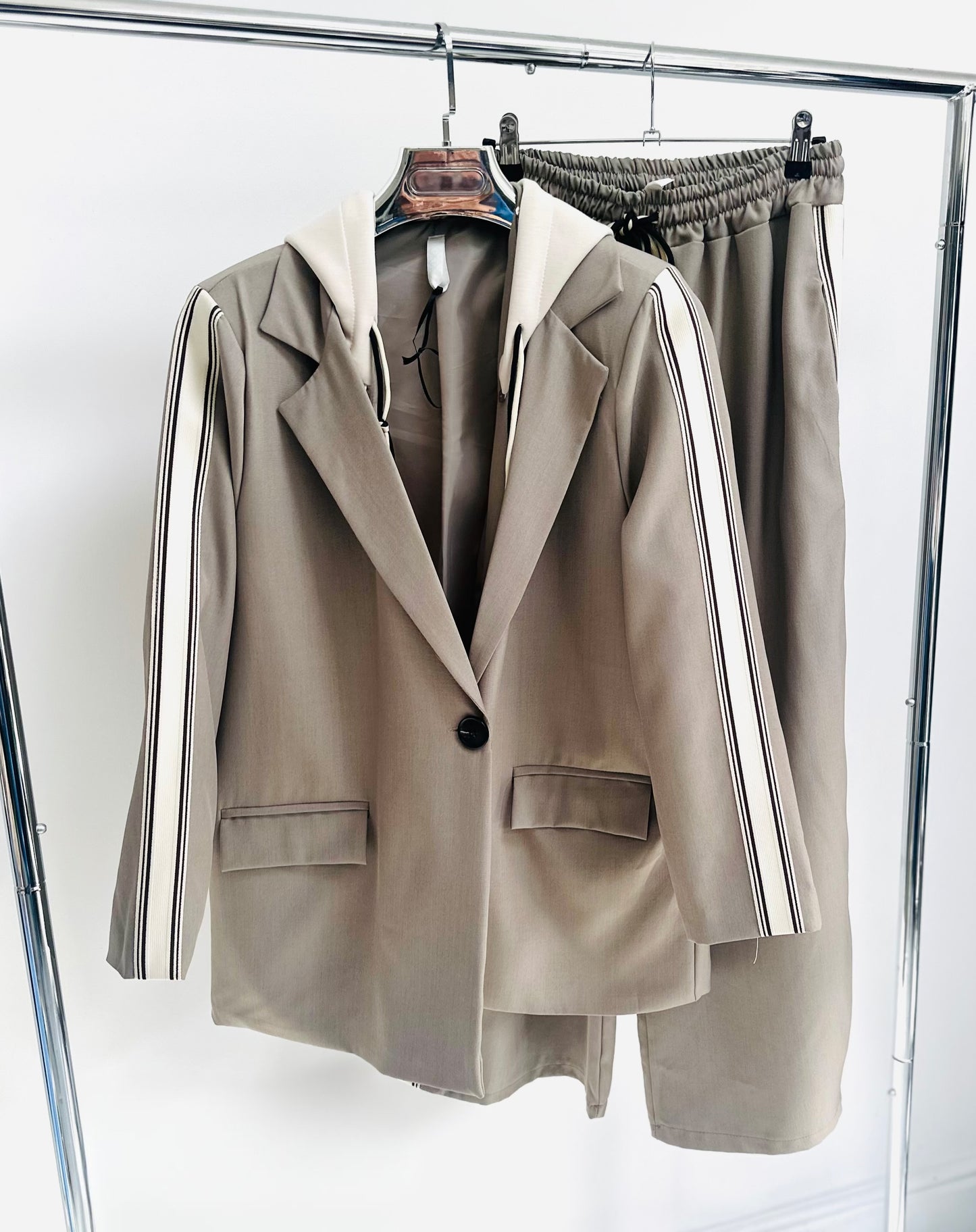 ZETTA Beige Side Stripe Hooded Blazer & Trousers Set