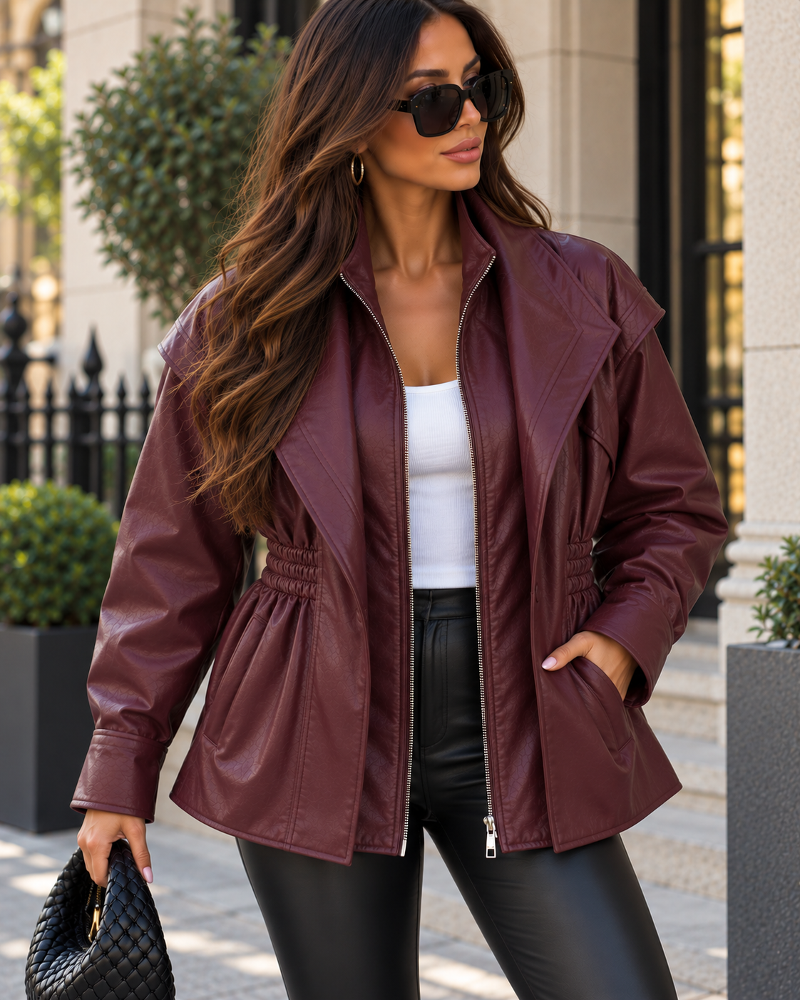 MIREVA Burgundy Double Layer Faux Leather Jacket