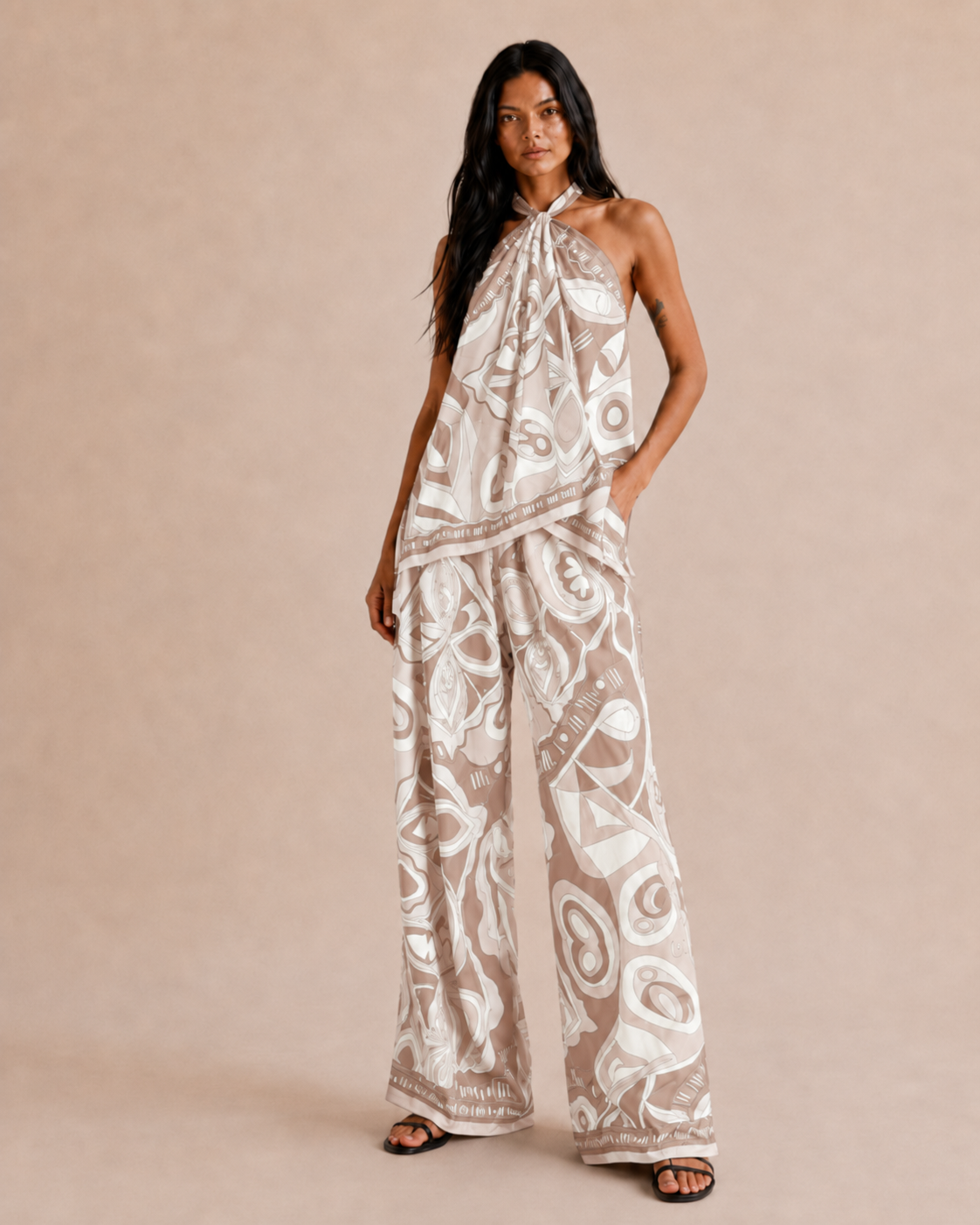 ISMERAI Beige Halterneck Top & Ttousers Co-Ord