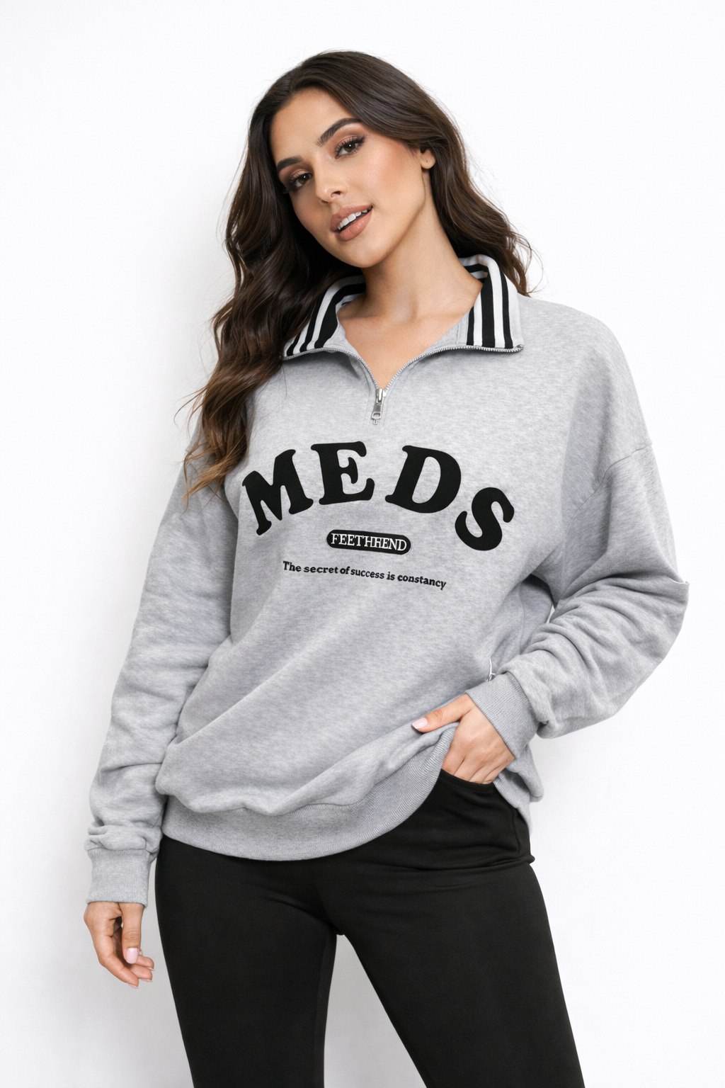 MANDISA Grey Embroidered Half Zip Jumper