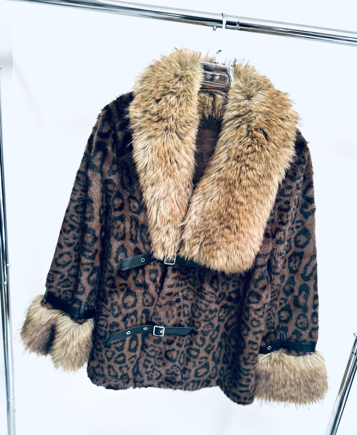 CAMARI Brown Leopard Print Faux Fur Collared Oversized Jacket