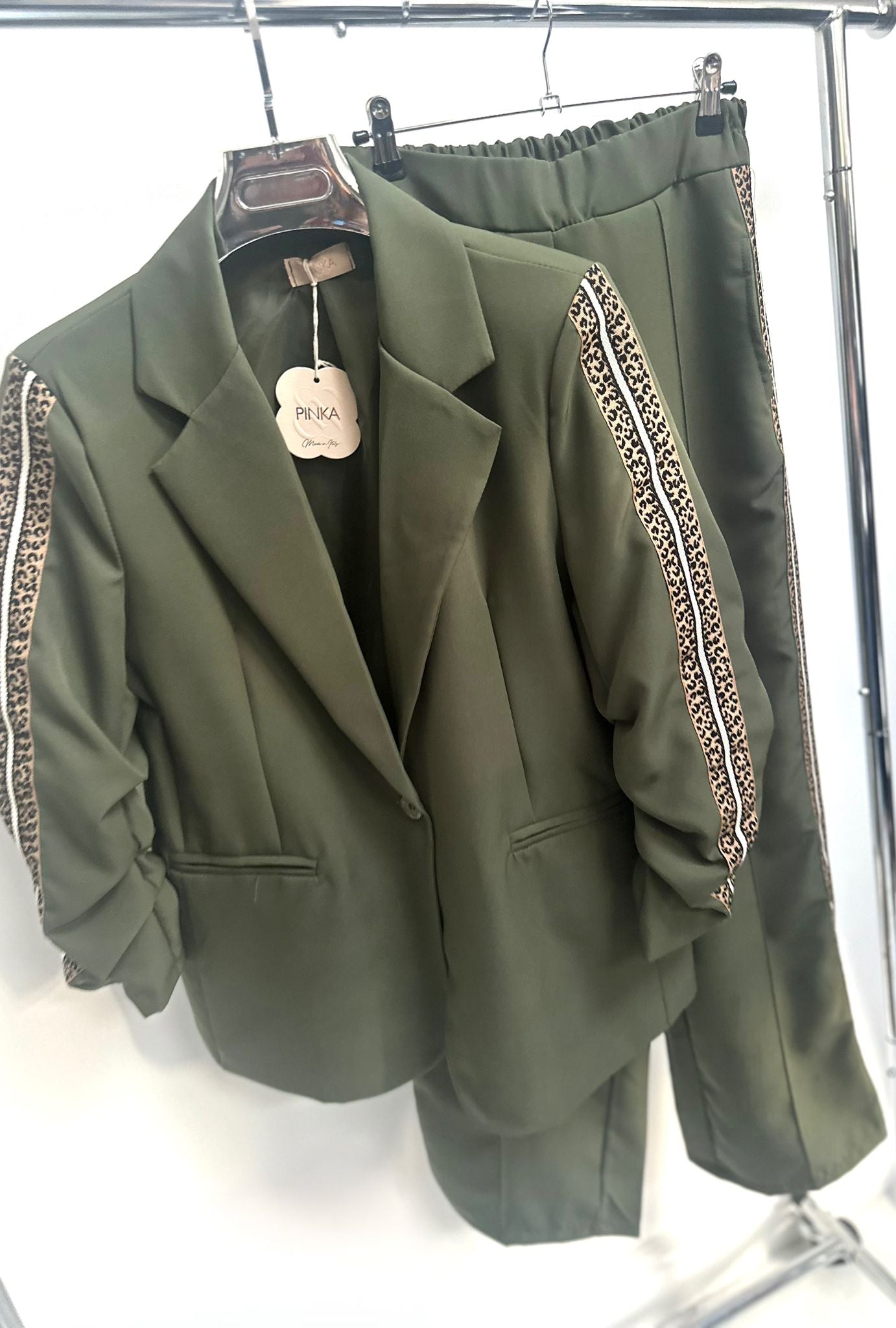 XENA Khaki Blazer & Trousers with Leopard Print Detail