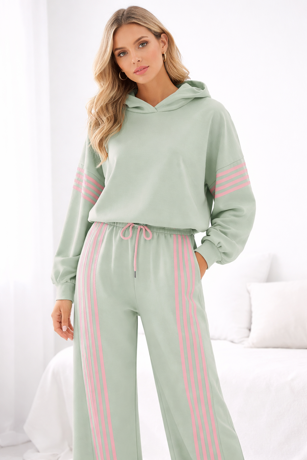 INAYA Mint Hoodie & Trousers Contrast Stripe Lounge Set