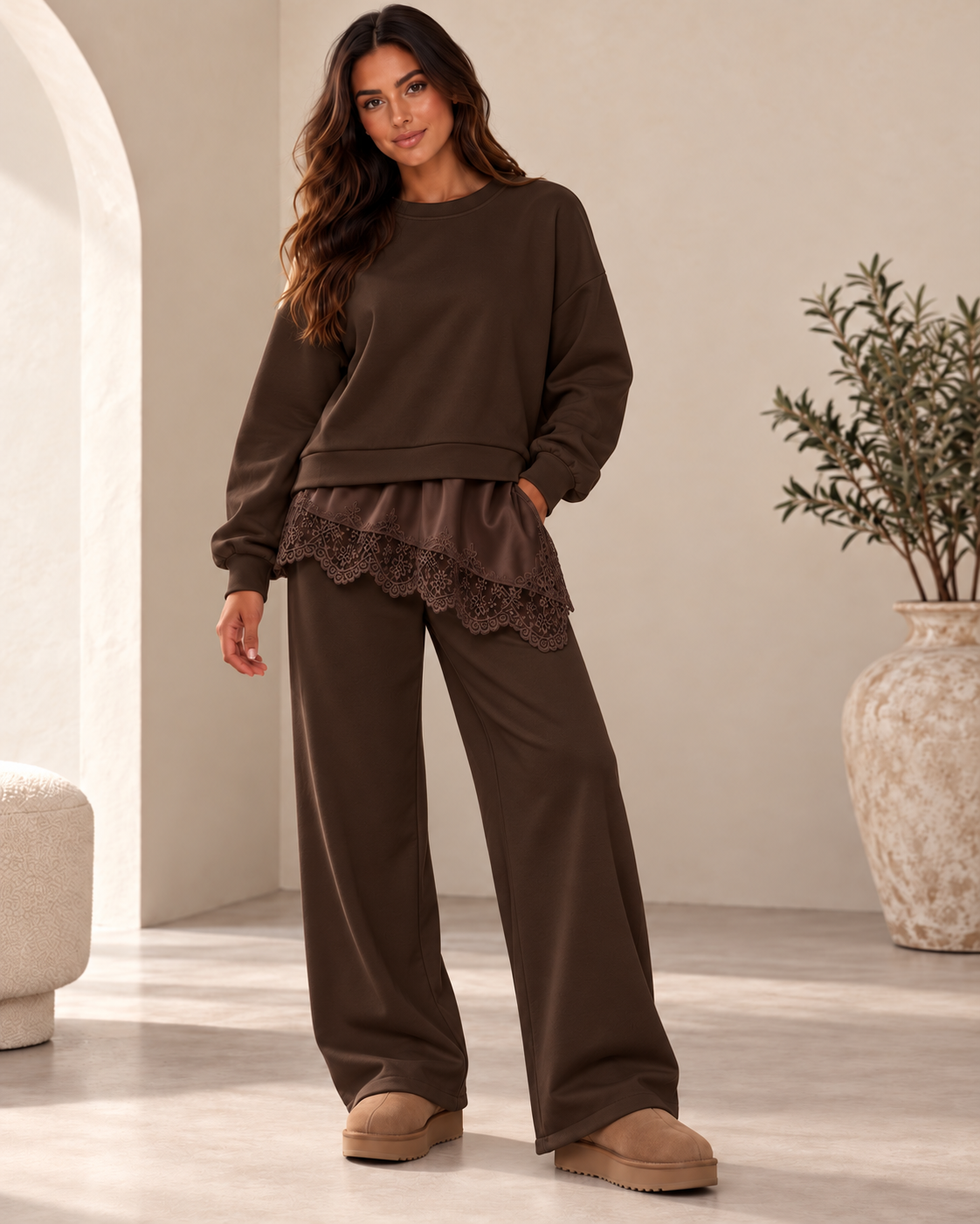 ISLA Brown Lace Detail Lounge Set