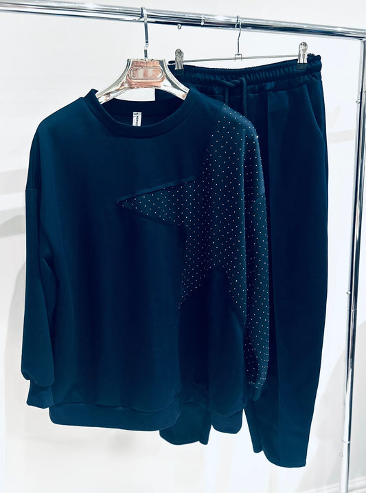 LUCINE Navy Studded Star Detailed Oversized Top with Pants Lounge Set