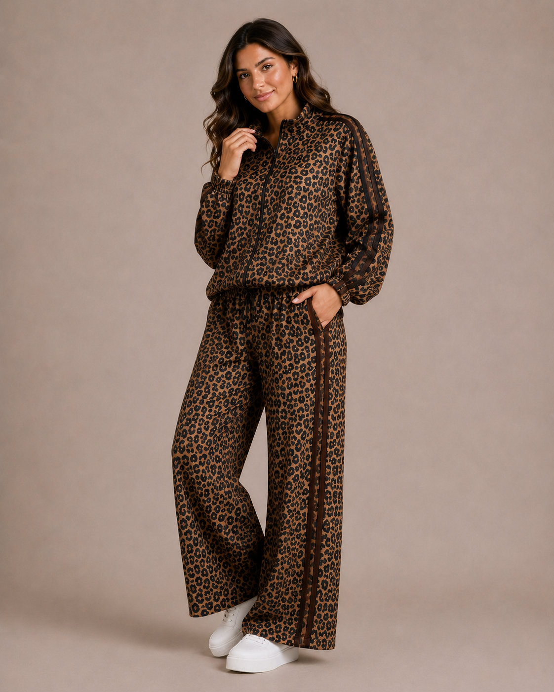 CALYRA Brown Stripe Leopard Print Tracksuit Set