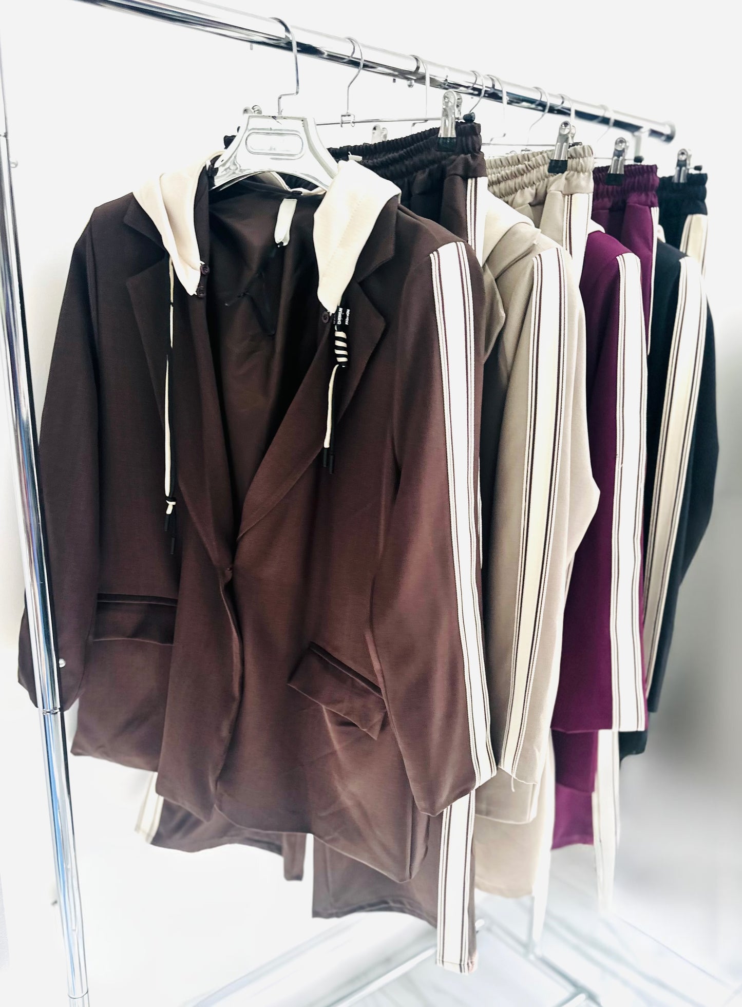 ZETTA Black Side Stripe Hooded Blazer & Trousers Set