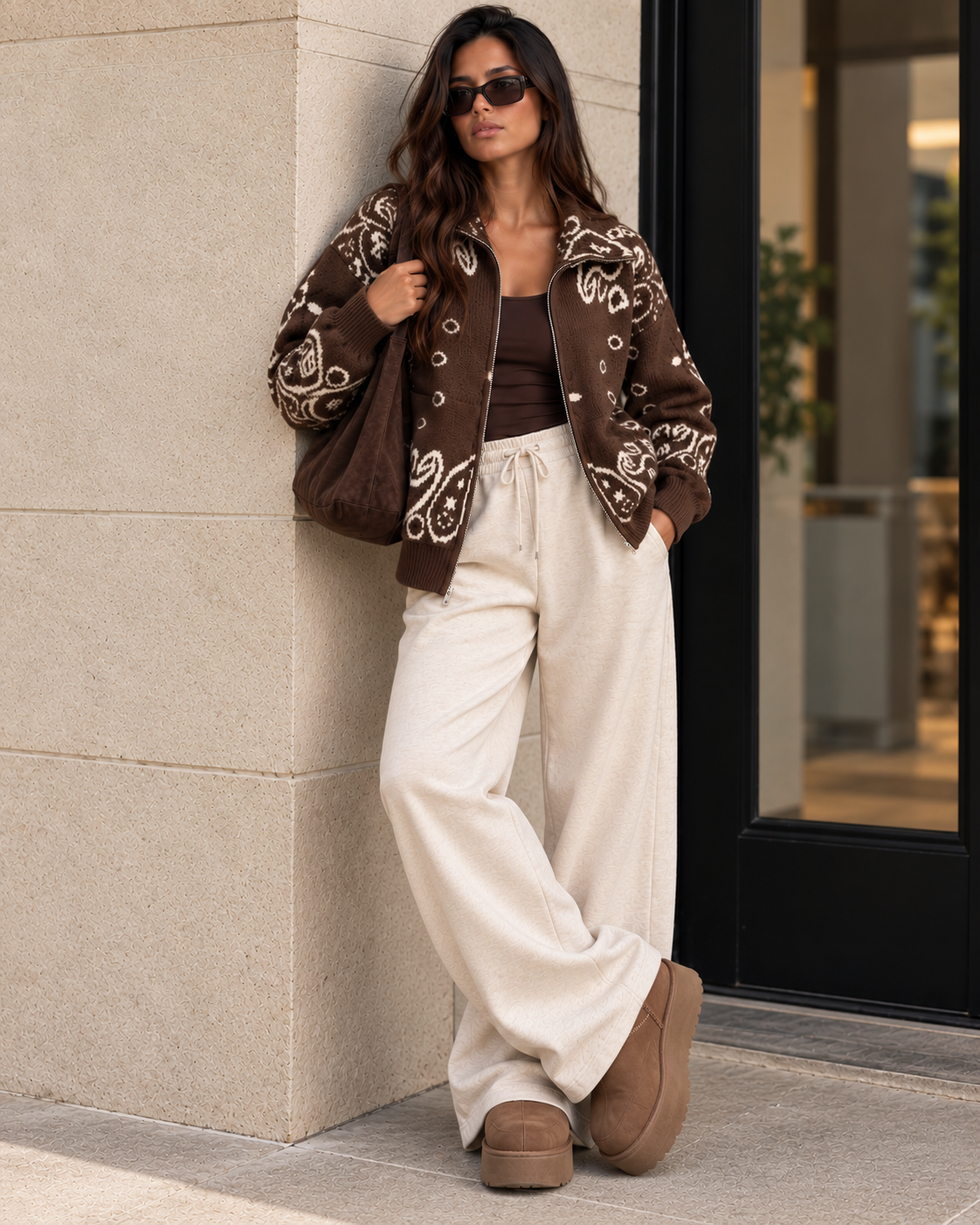VEDA Brown Paisley Print Zip Up Cardigan