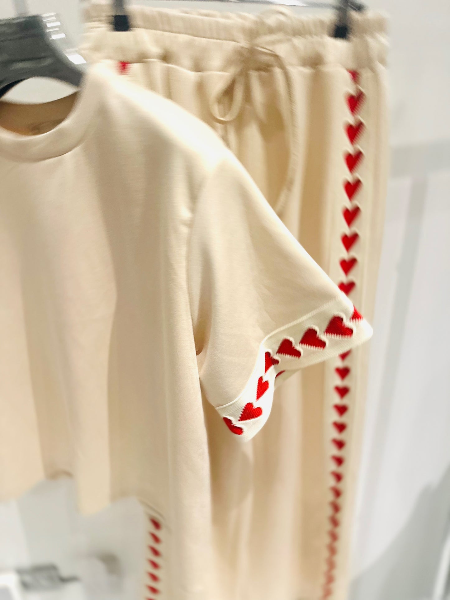 AMORA Beige TShirt & Pants Co-Ord with Heart Trim