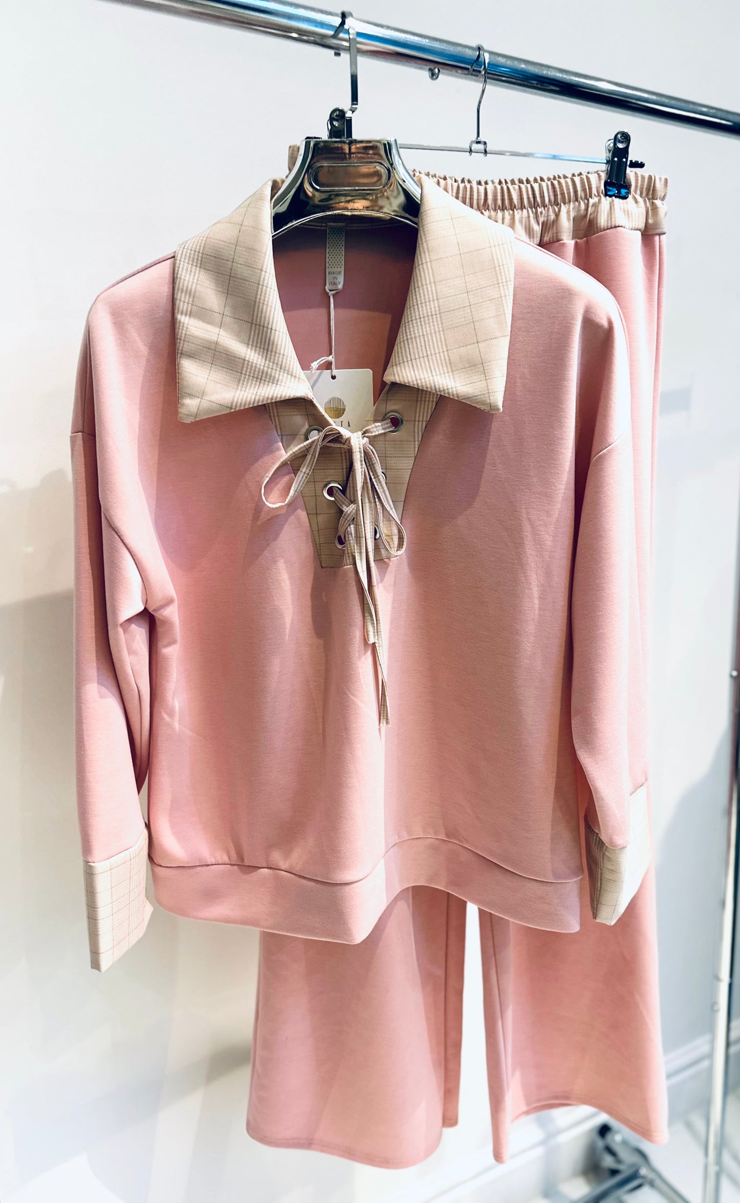 JOLENTA Pink Lace Up Sweater & Trousers Co-Ord