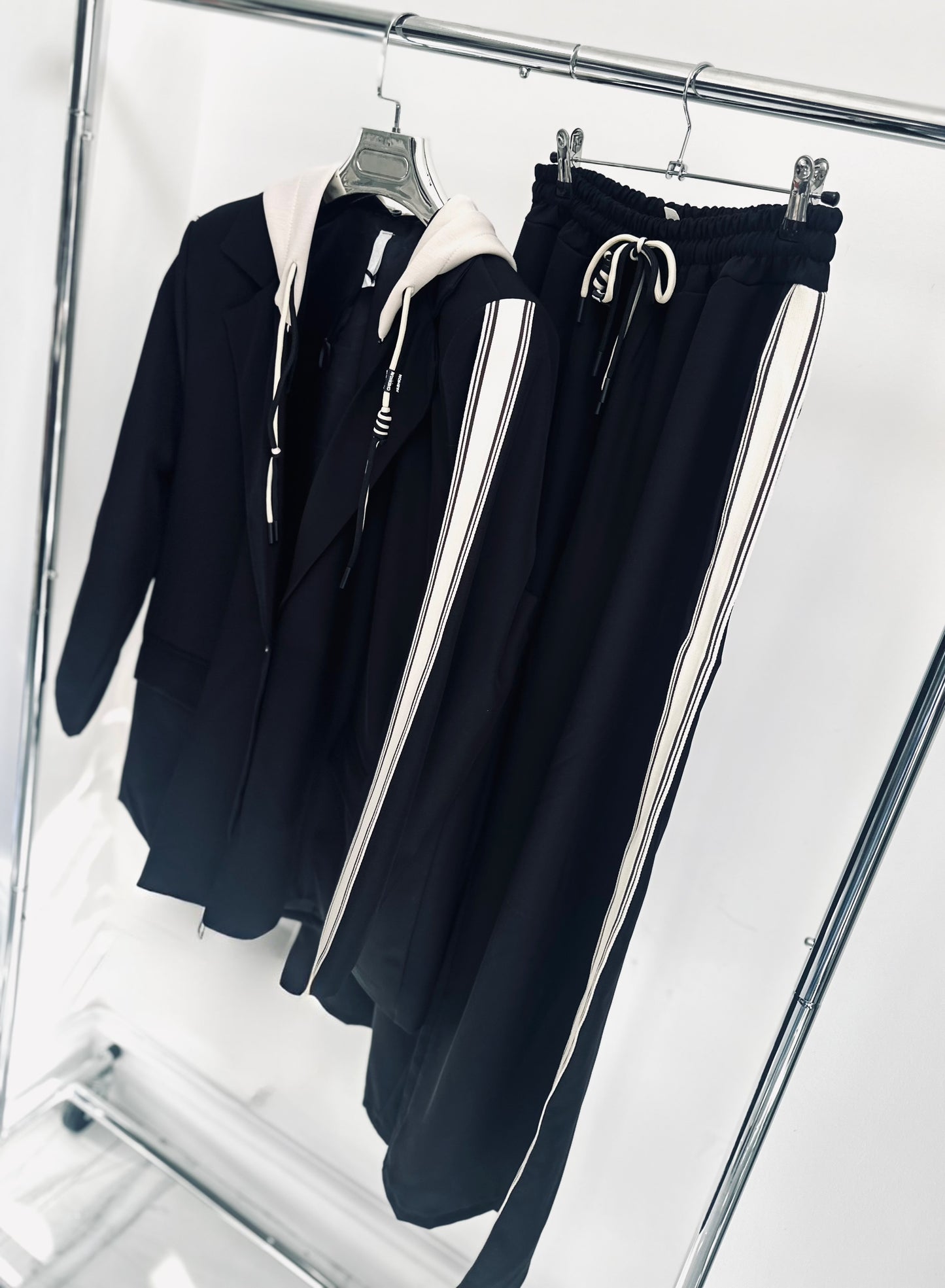 ZETTA Black Side Stripe Hooded Blazer & Trousers Set
