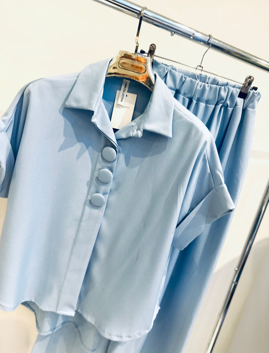 JANELLE Blue Big Button Detailed Blouse & Trousers Co-Ord