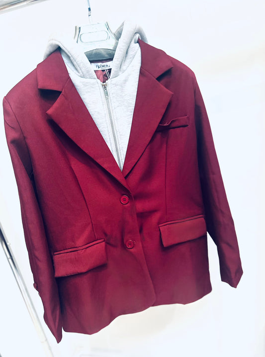 VALAYA Burgundy Blazer with Grey Hooded Insert