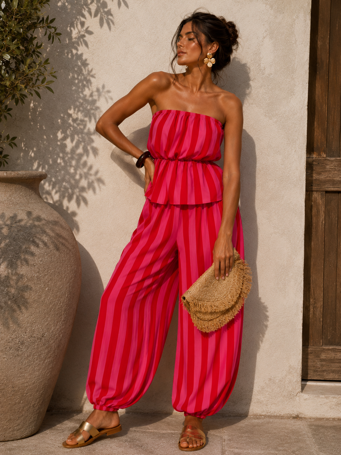 ZURI Fuchsia Striped Peplum Top & Trousers Co-Ord