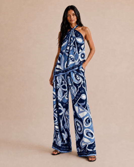 ISMERAI Navy Halterneck Top & Trousers Co-Ord