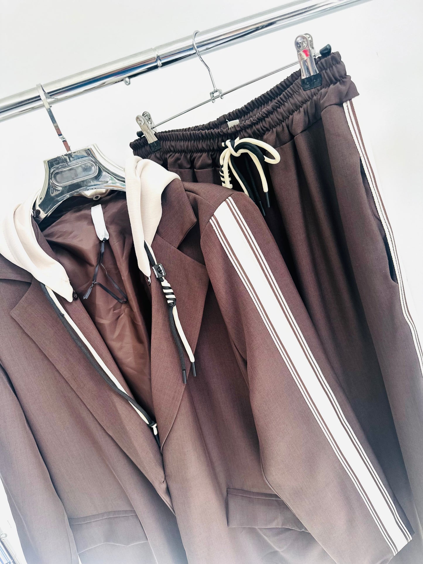 ZETTA Brown Side Stripe Hooded Blazer & Trousers Set