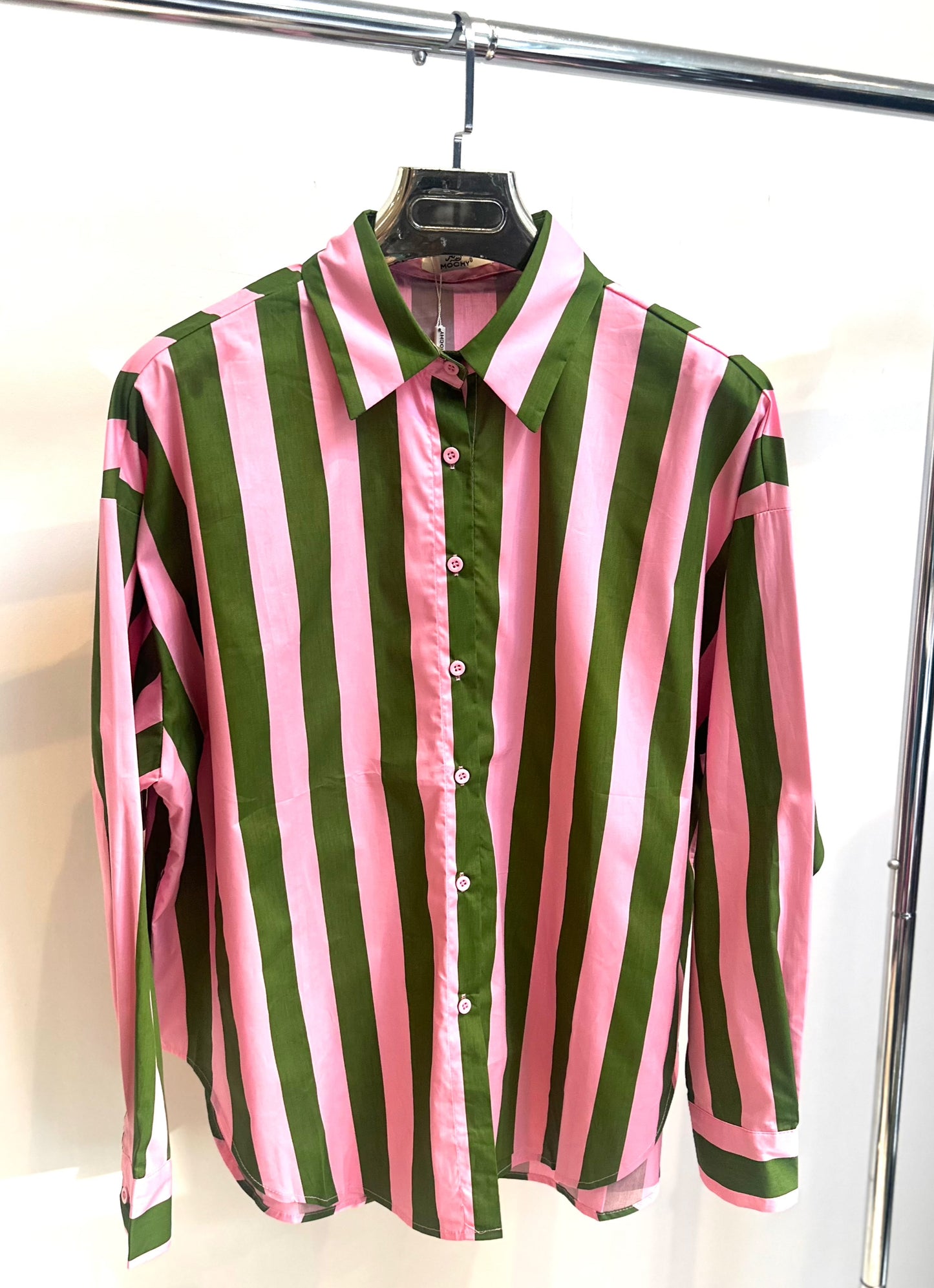 VIVANE Pink & Green Striped Oversized Shirt