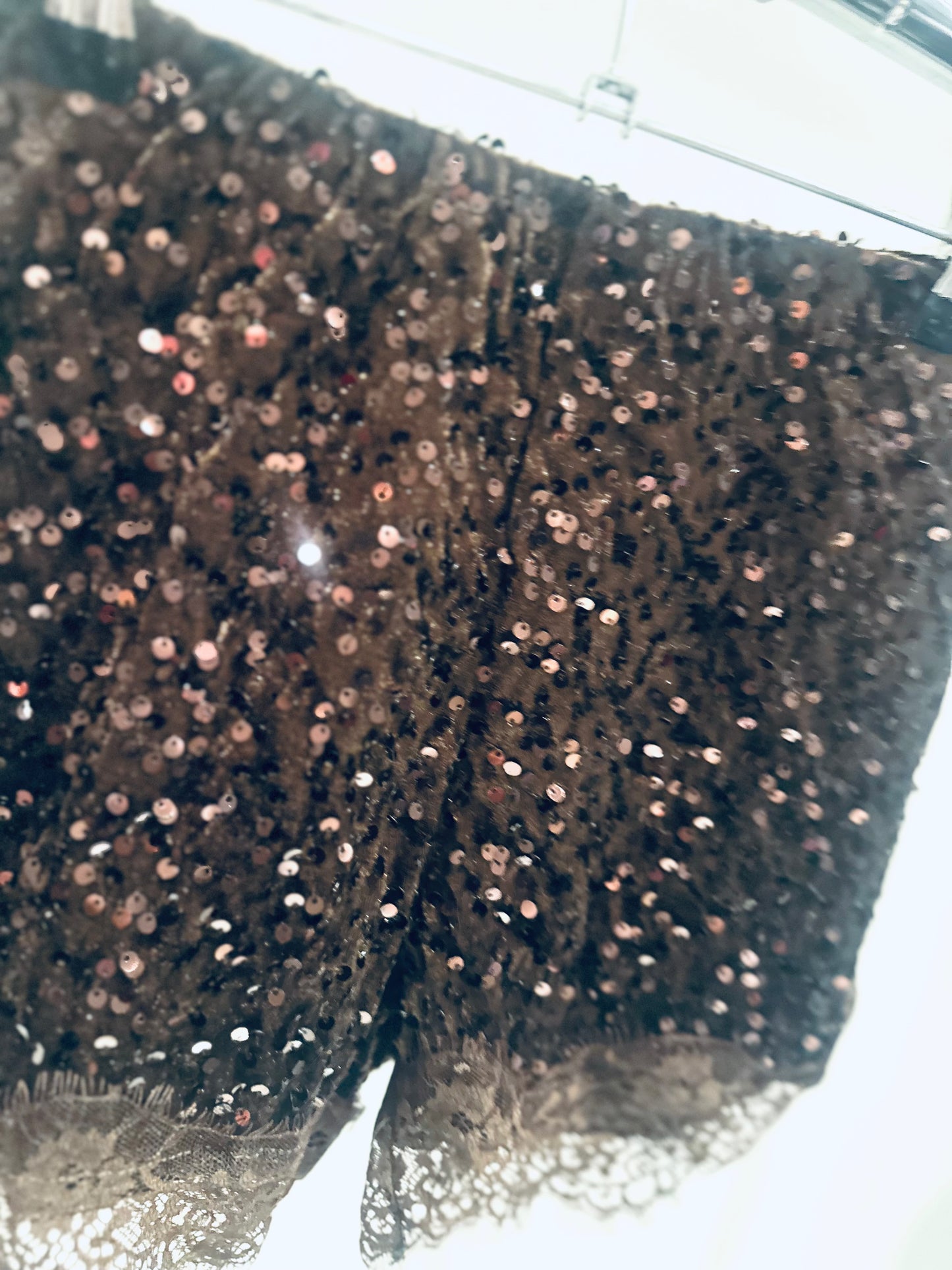 SYDNEY Brown Sequin Shorts with Lace Trim