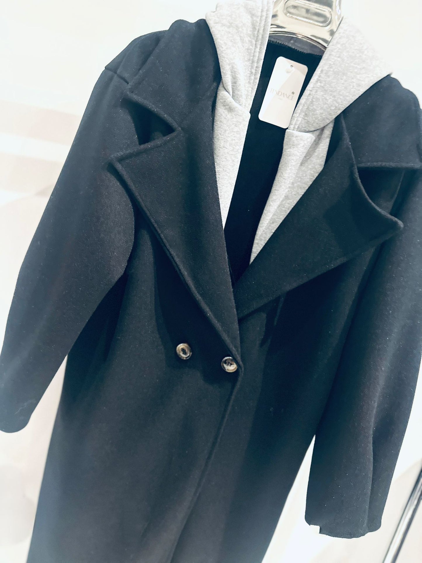 CIARA Black Double Breasted Oversized Coat with Attached Hood