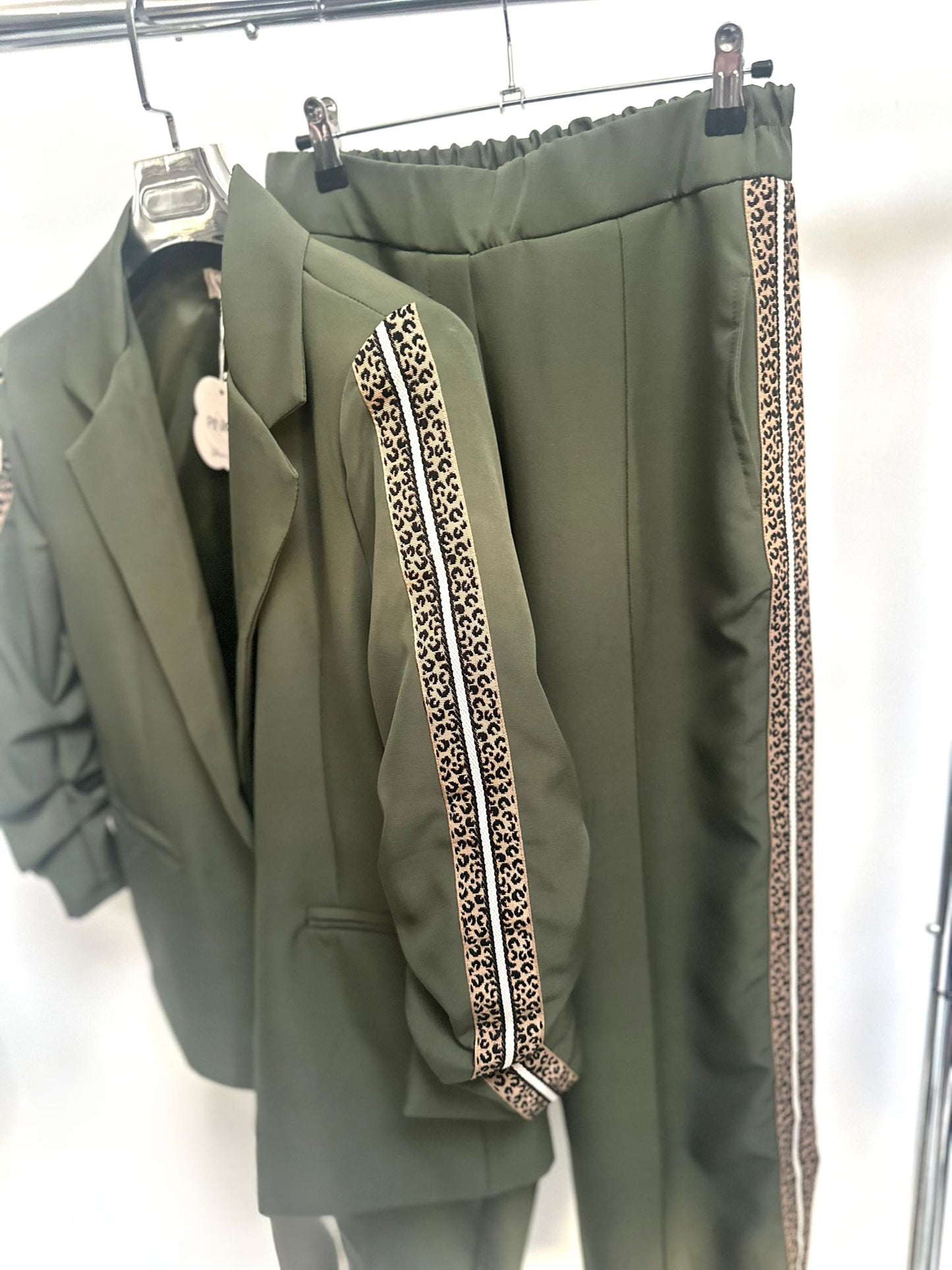 XENA Khaki Blazer & Trousers with Leopard Print Detail