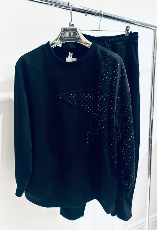 LUCINE Black Studded Star Detailed Oversized Top with Pants Lounge Set