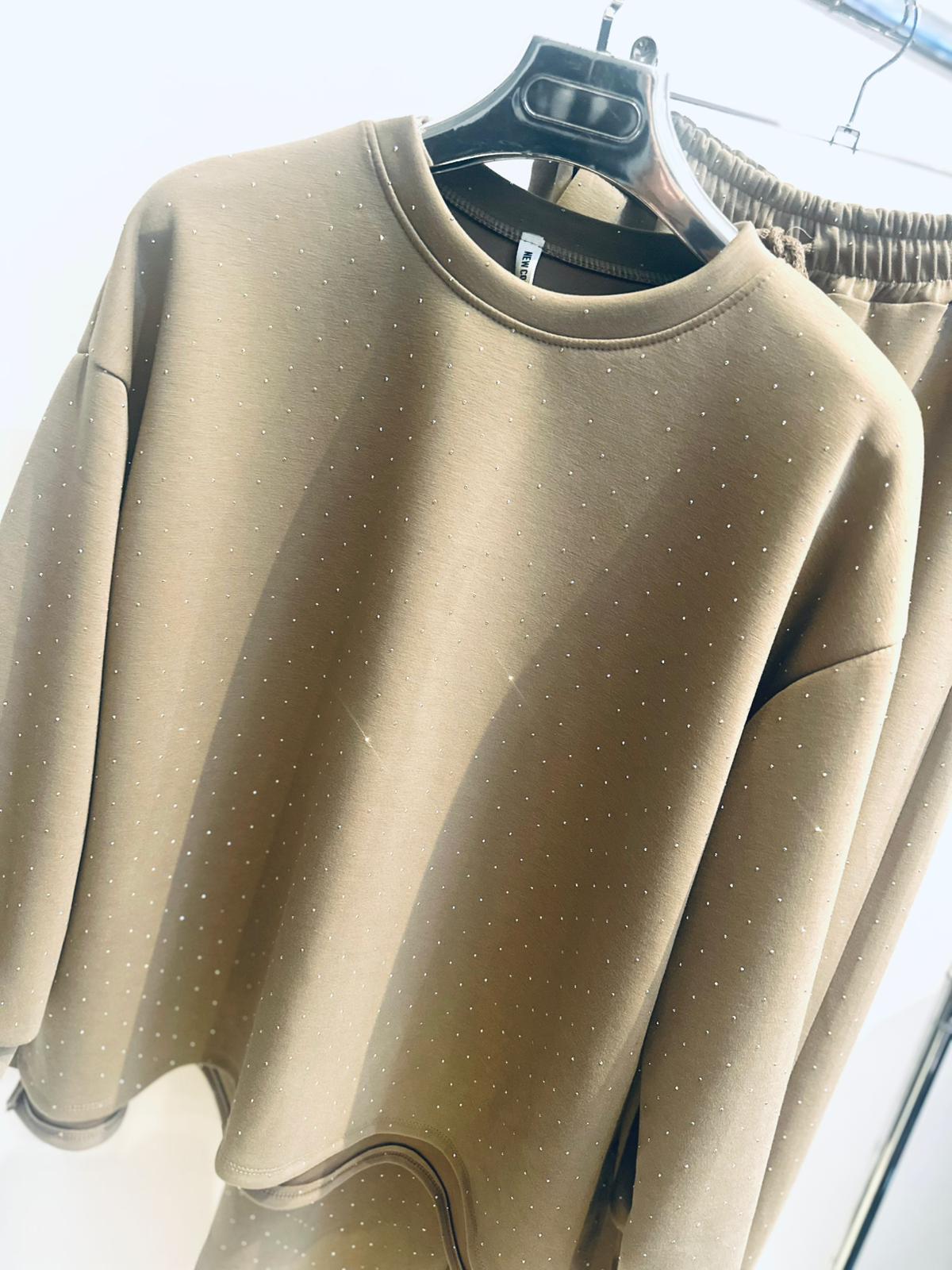 ESTELA Taupe Studded Detail Top & Pants Set