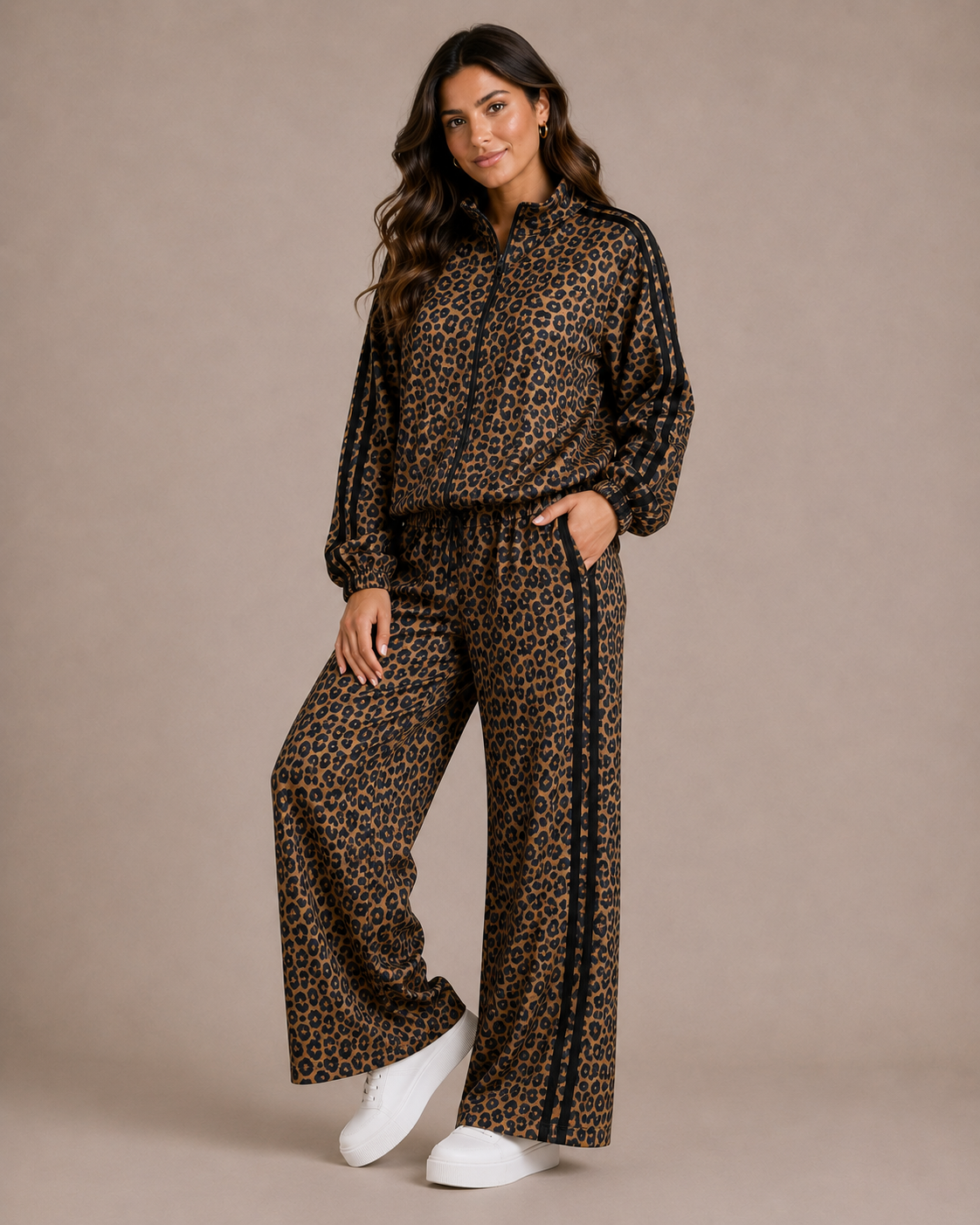 CALYRA Black Stripe Leopard Print Tracksuit Set