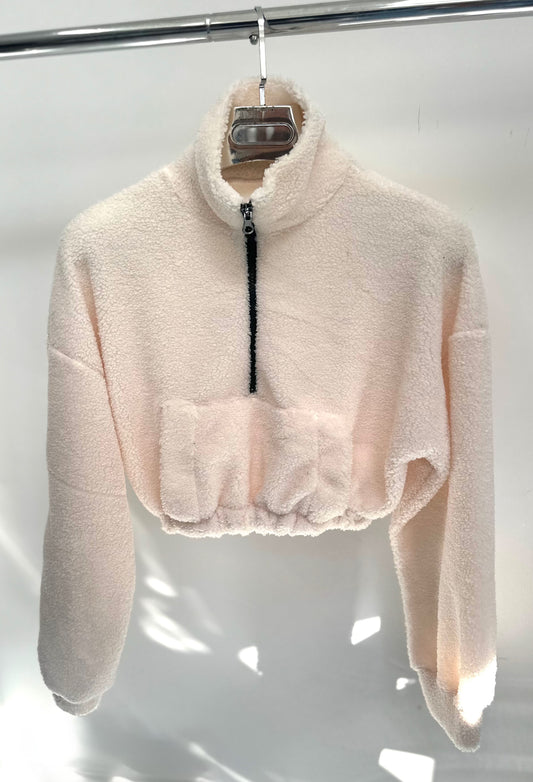 TEDDY Cream Cropped Fleece Half Zip Jumper