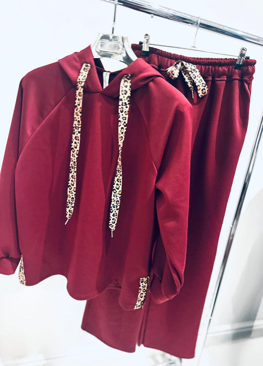 DAHNA Burgundy Top & Trousers Co Ord with Leopard Print Ribbon Trim